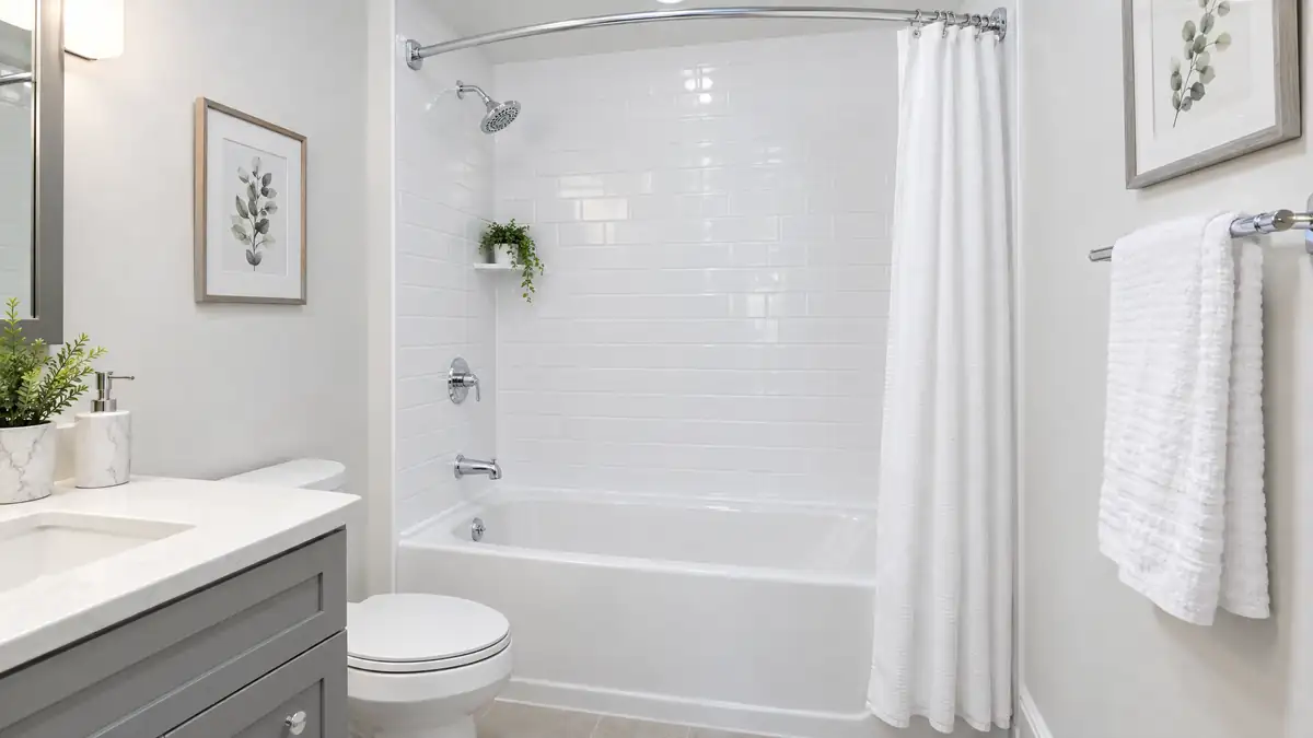 Tub with new white acrylic subway-pattern wall surround installed over old tile